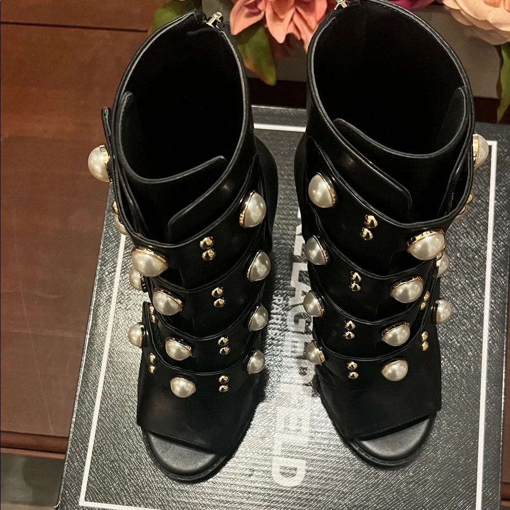 Karl Lagerfeld Black Heeled Boots with Pearl Accents - Picture 7 of 11